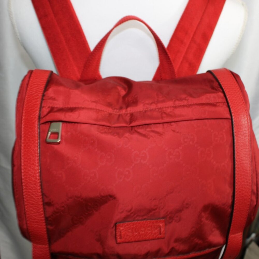 Gucci Red GG Nylon Backpack Leather Trim Authentic Designer Bag - Picture 4 of 16